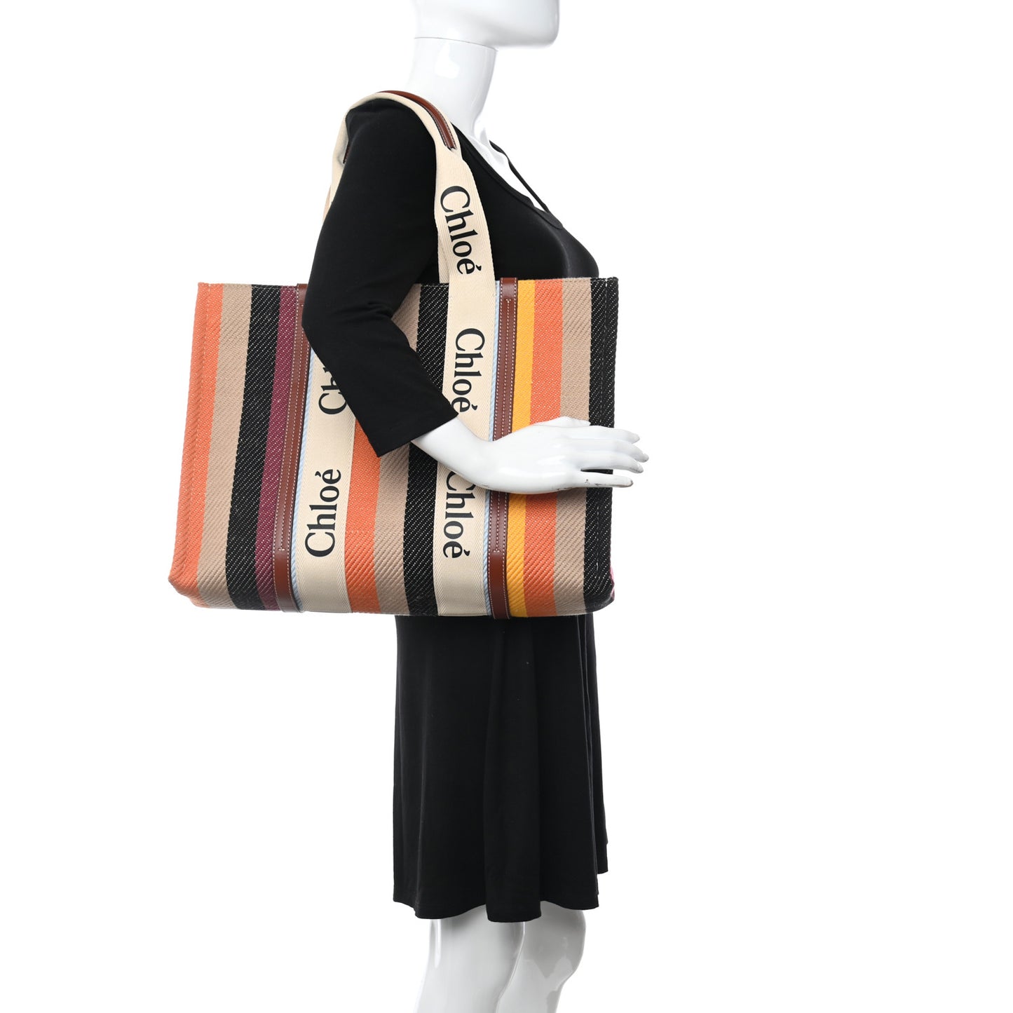 Cotton Calfskin Large Woody Striped Tote Multicolor