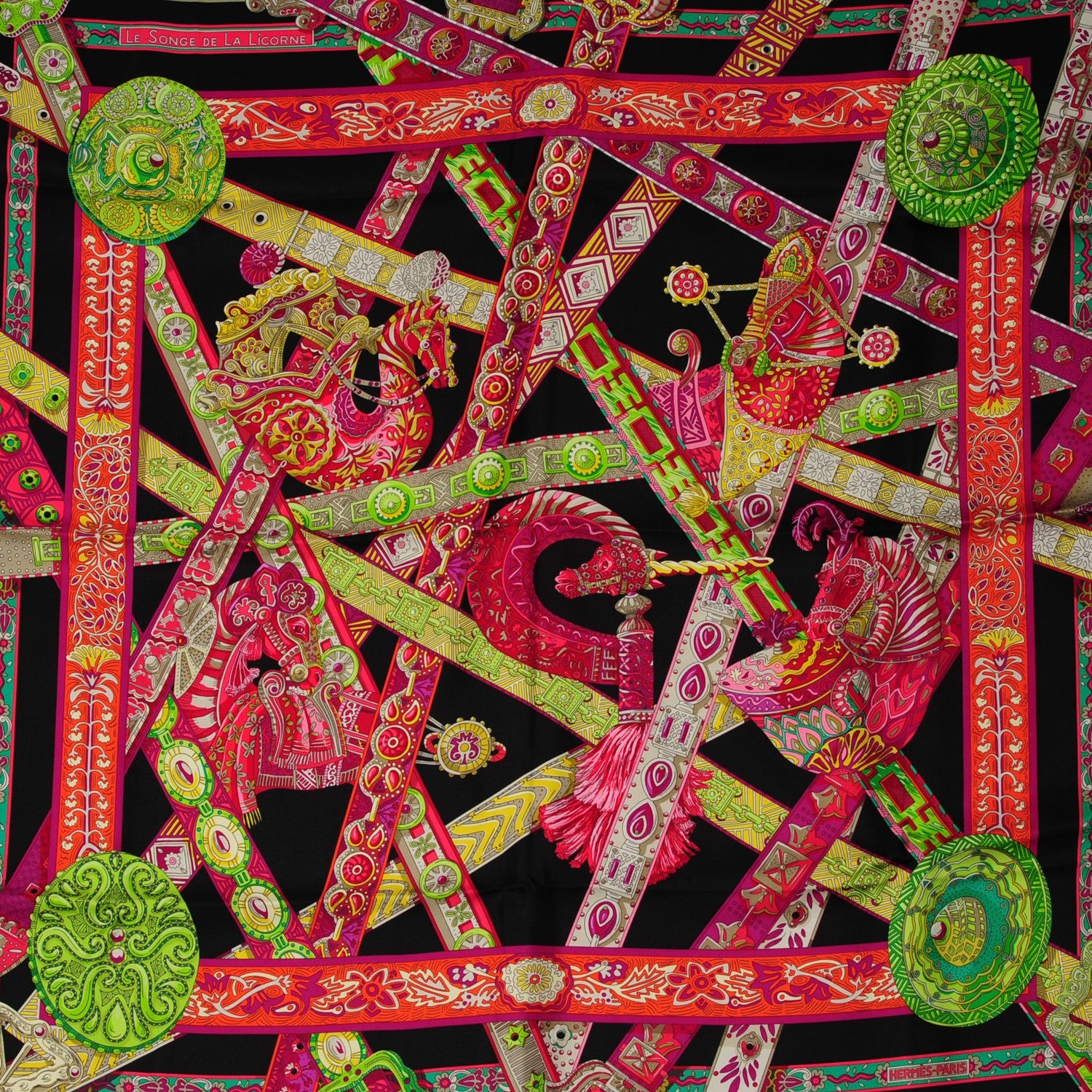 Hermes Silk Le Songe De La Licorne Scarf 90 Black Fuchsia Vert Fluo 1 of 6