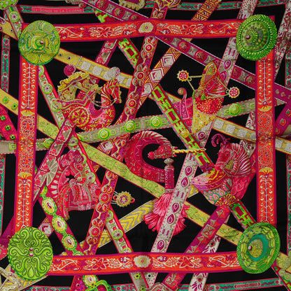 Hermes Silk Le Songe De La Licorne Scarf 90 Black Fuchsia Vert Fluo 1 of 6