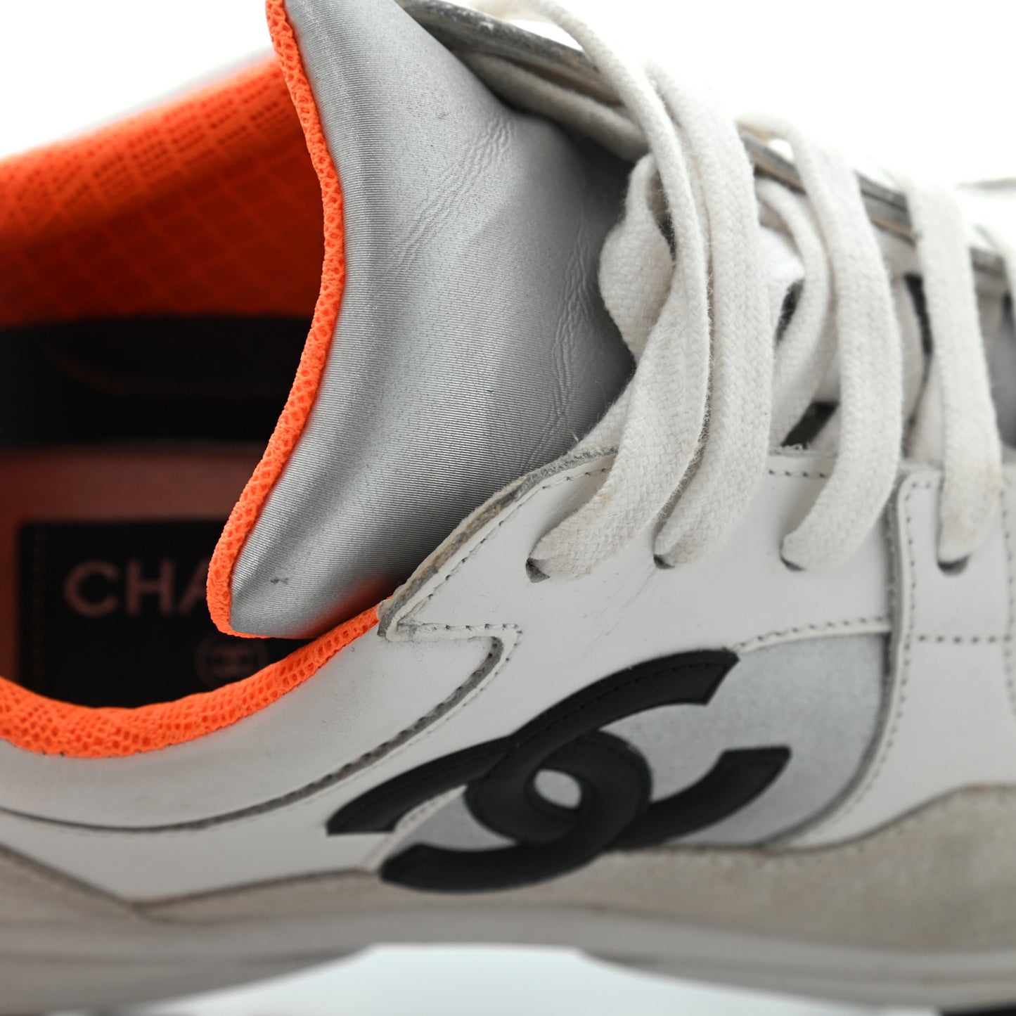 Nylon Calfskin Suede CC Womens Sneakers 37 White Orange