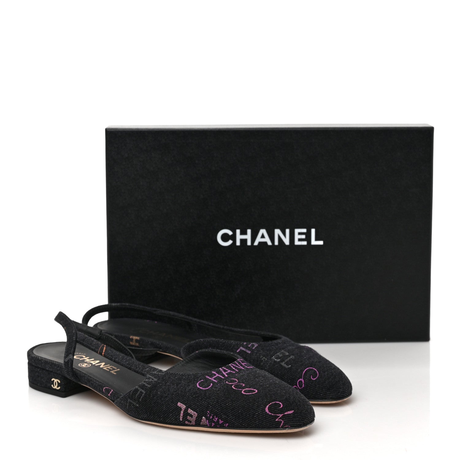 Chanel Denim Cap Toe Denim Mood Slingback Flats 40 Black Multicolor 9 of 9