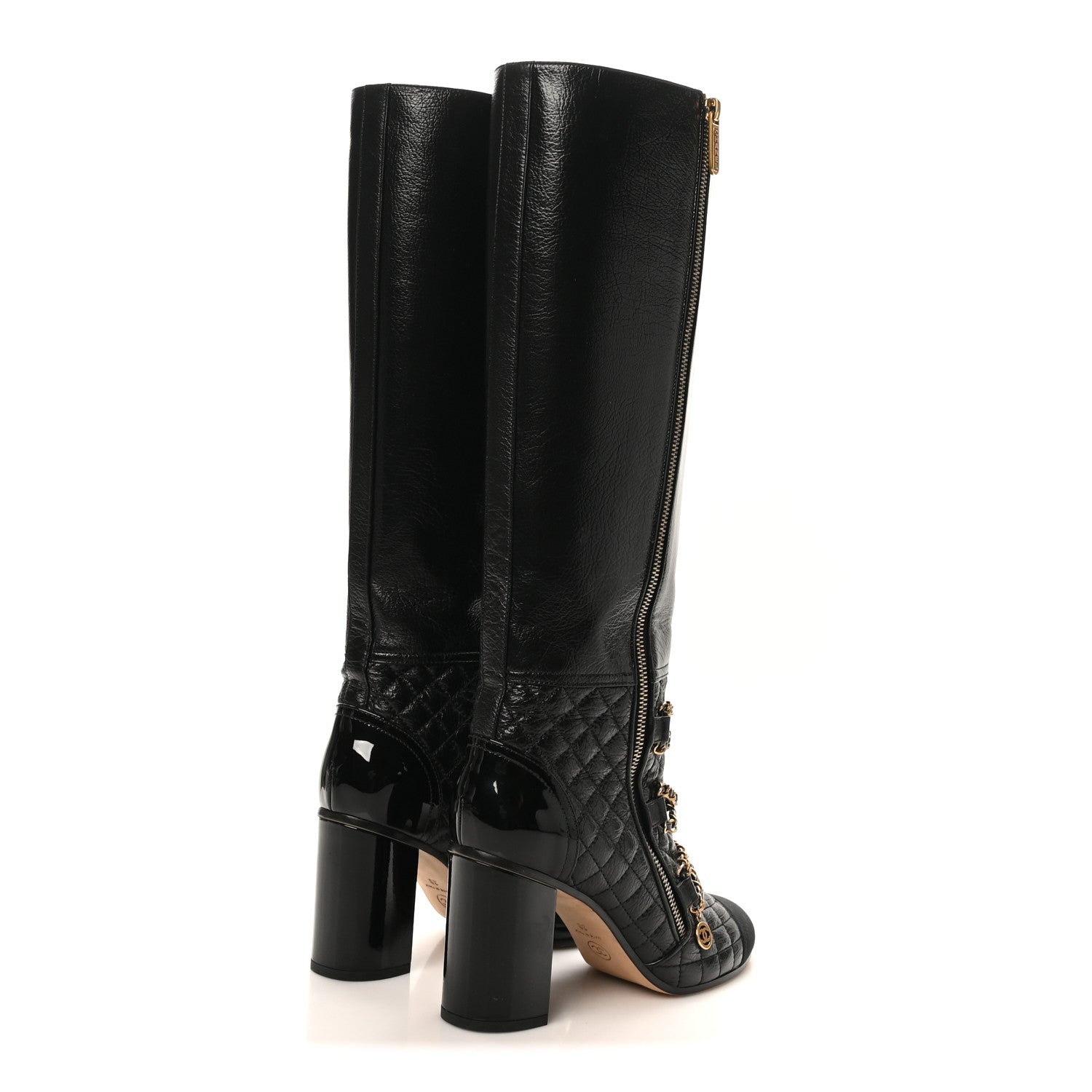 Chanel Lambskin Grosgrain Patent Chained High Boots 38 Black 5 of 10