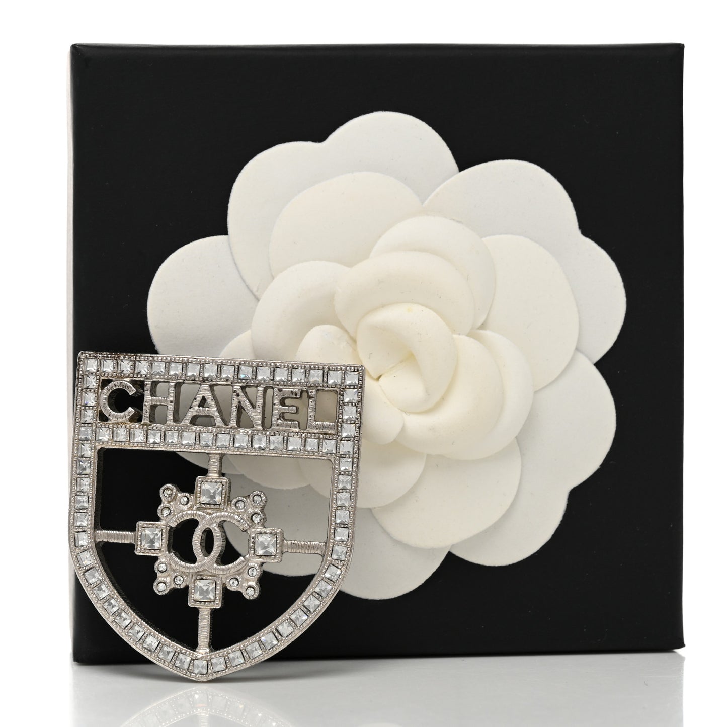 Swarovski Baguette Crystal CC Shield Brooch Silver