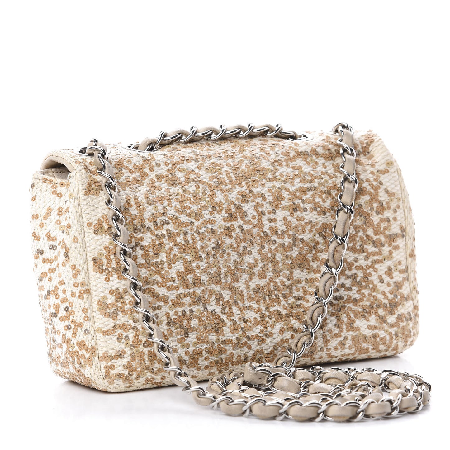Raffia Sequin Small Single Flap Beige Gold