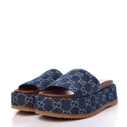 Gucci New Denim GG Monogram Angelina Platform 55mm Slide Sandals 36.5 Blue Tea 3 of 10
