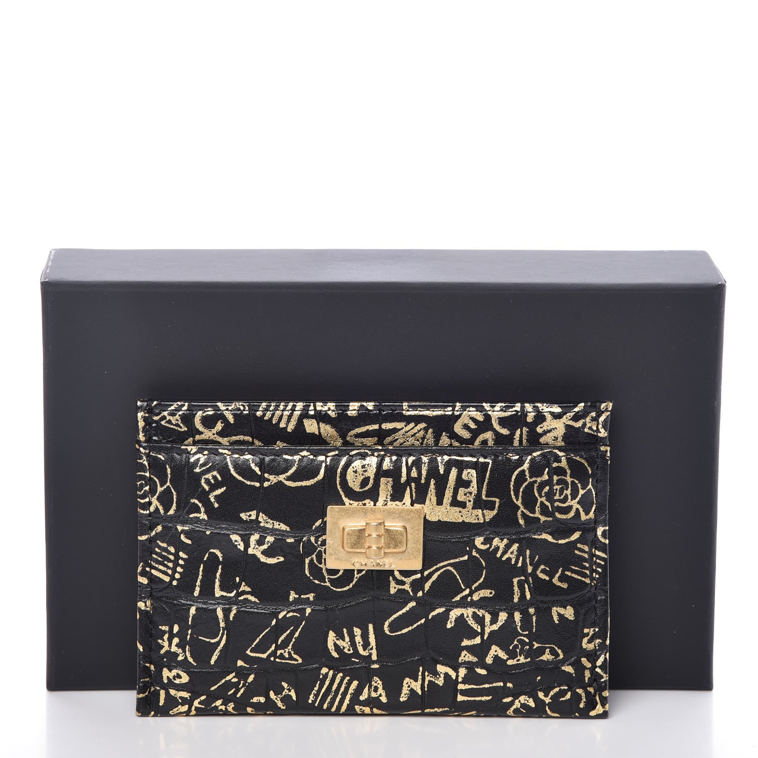 Chanel Calfskin Crocodile Embossed Graffiti 2.55 Cocodile Reissue Card Holder Black Gold 9 of 9