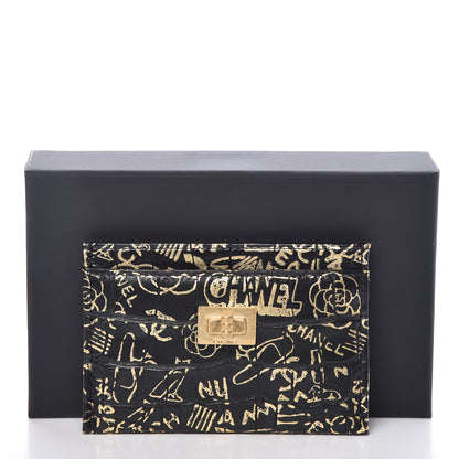 Chanel Calfskin Crocodile Embossed Graffiti 2.55 Cocodile Reissue Card Holder Black Gold 9 of 9