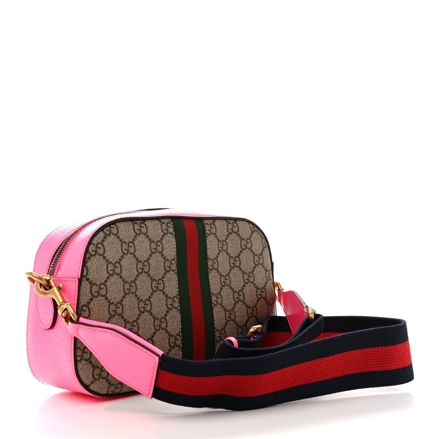 Gucci GG Supreme Monogram Textured Dollar Calfskin Web Ophidia Small Crossbody Bag Beige Ebony Fuchsia 3 of 10