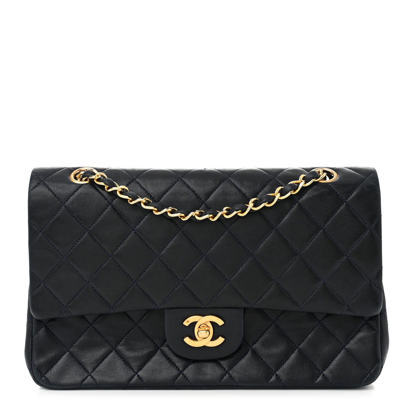 Lambskin Quilted Medium Double Flap Navy