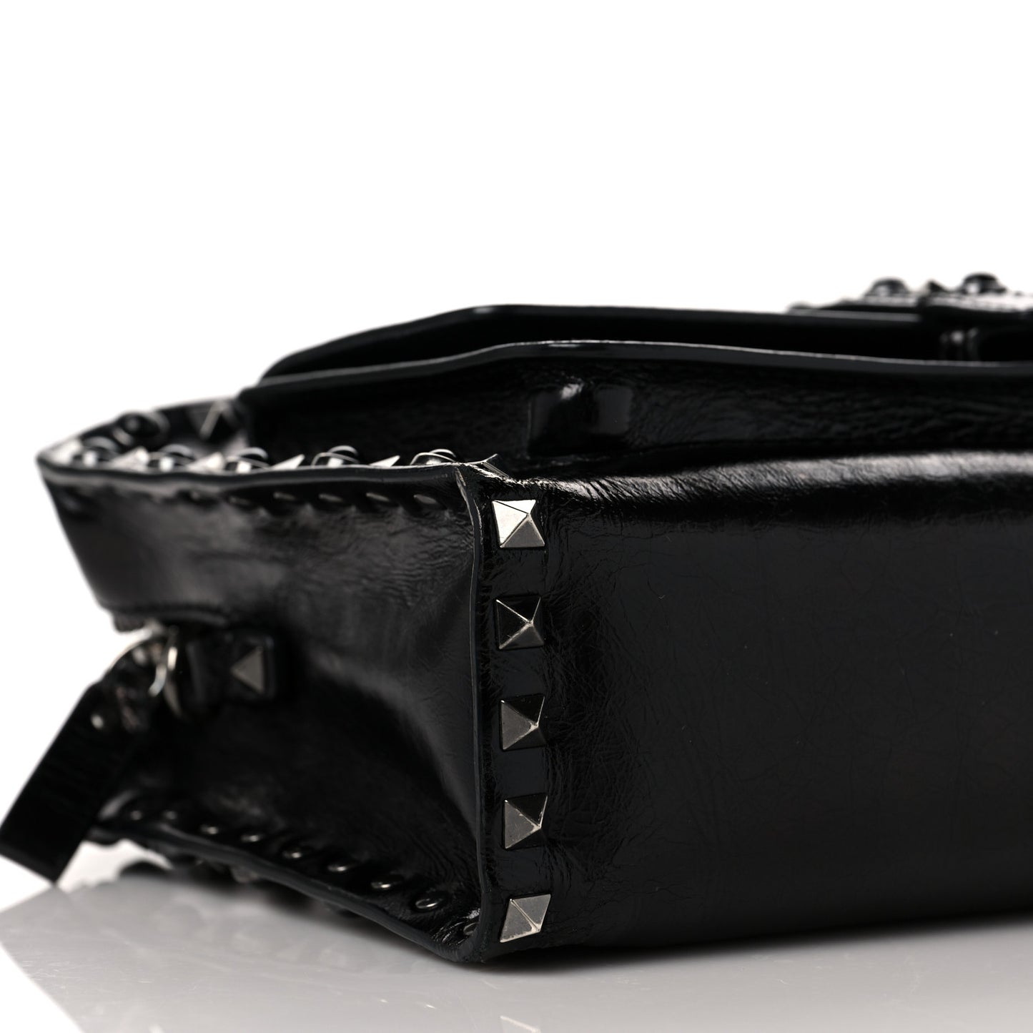 Craquele Calfskin Small Guitar Strap Rockstud Rolling Flap Pocket Shoulder Bag Black
