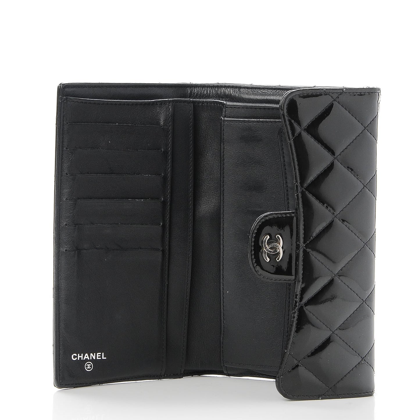 Patent Calfskin Quilted Large Flap Wallet Black