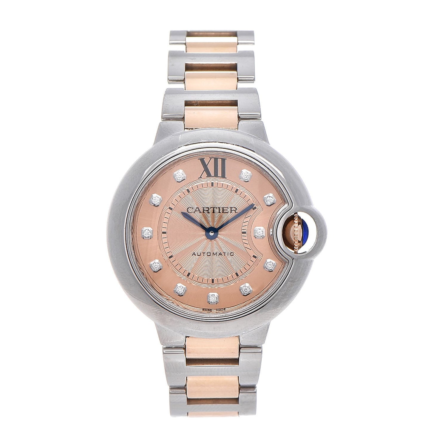 Stainless Steel 18K Pink Gold Diamond 33mm Ballon Bleu De Cartier Automatic Watch Champagne
