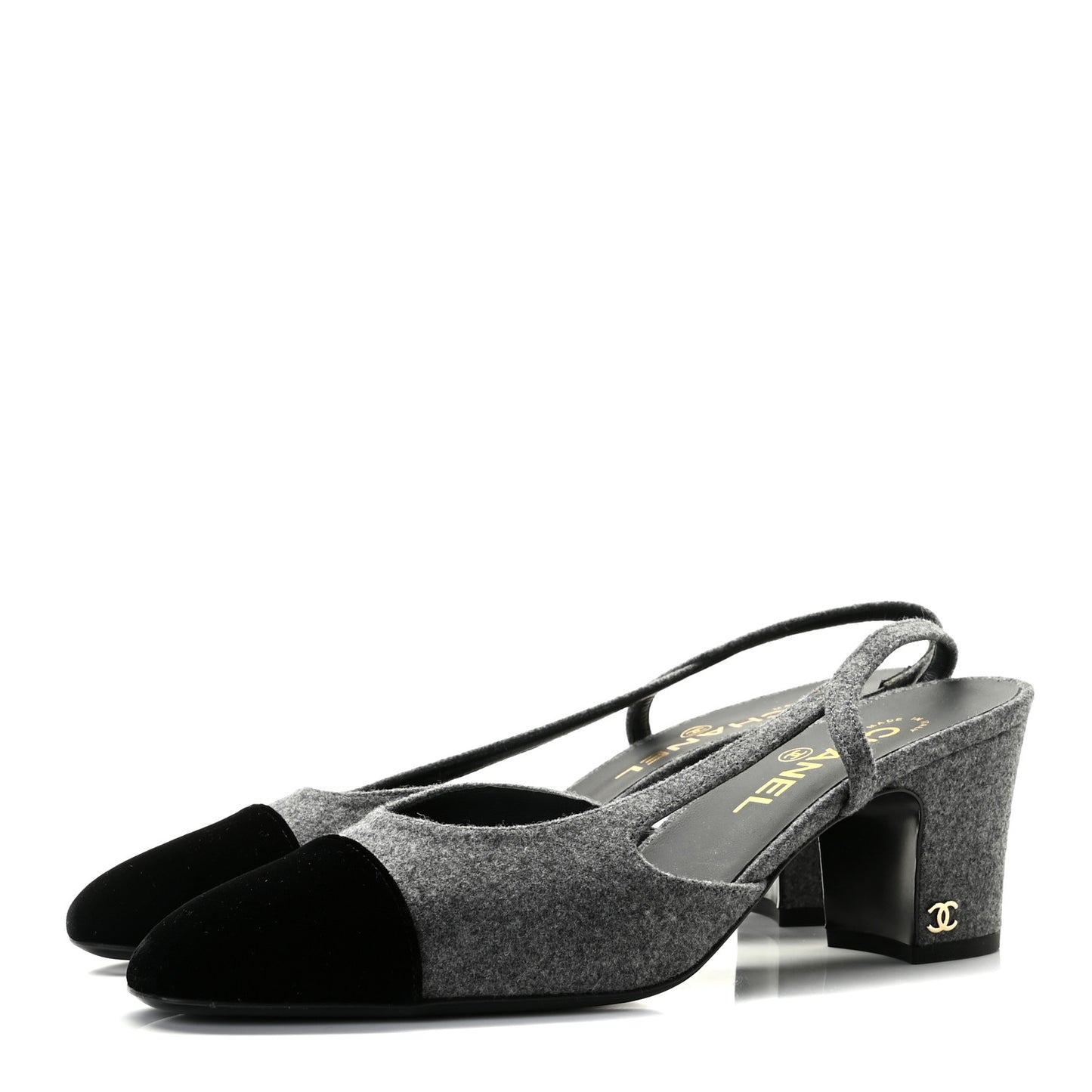 Wool Velvet Cap Toe CC Slingback Pumps 39 Black Grey