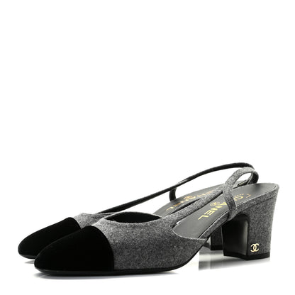 Chanel Wool Velvet Cap Toe CC Slingback Pumps 39 Black Grey 2 of 10