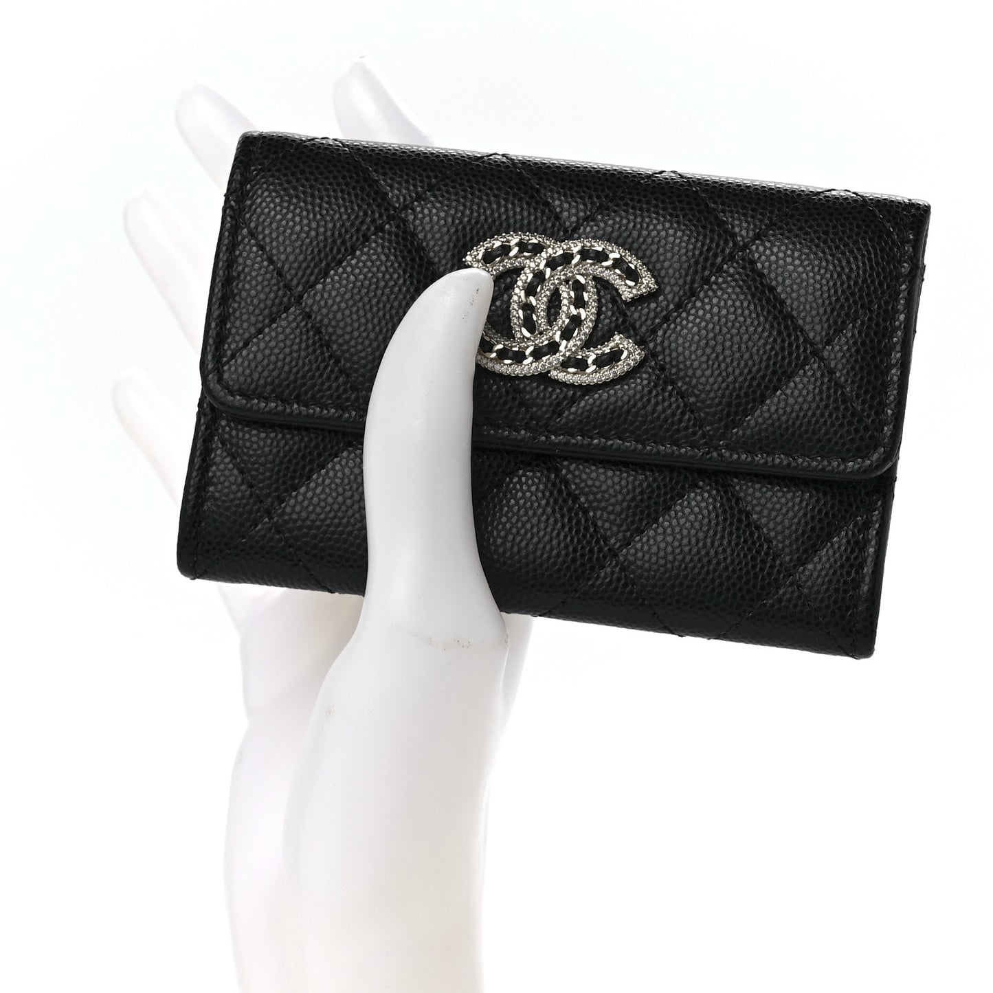 Caviar Quilted Crystal CC Flap Card Holder Black