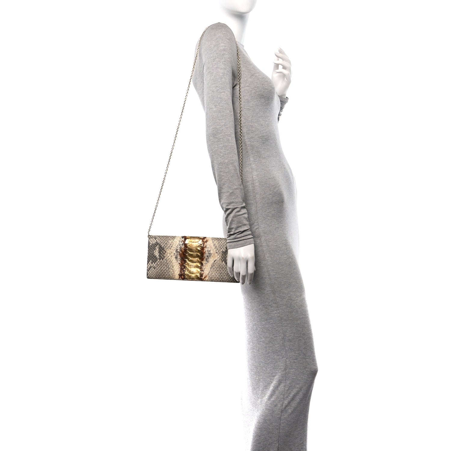 Christian Dior Metallic Snakeskin Lady Dior Croisiere Chain Clutch Beige Gold 2 of 10