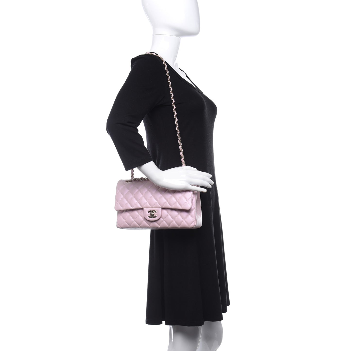 Iridescent Calfskin Quilted Medium Double Flap Light Pink