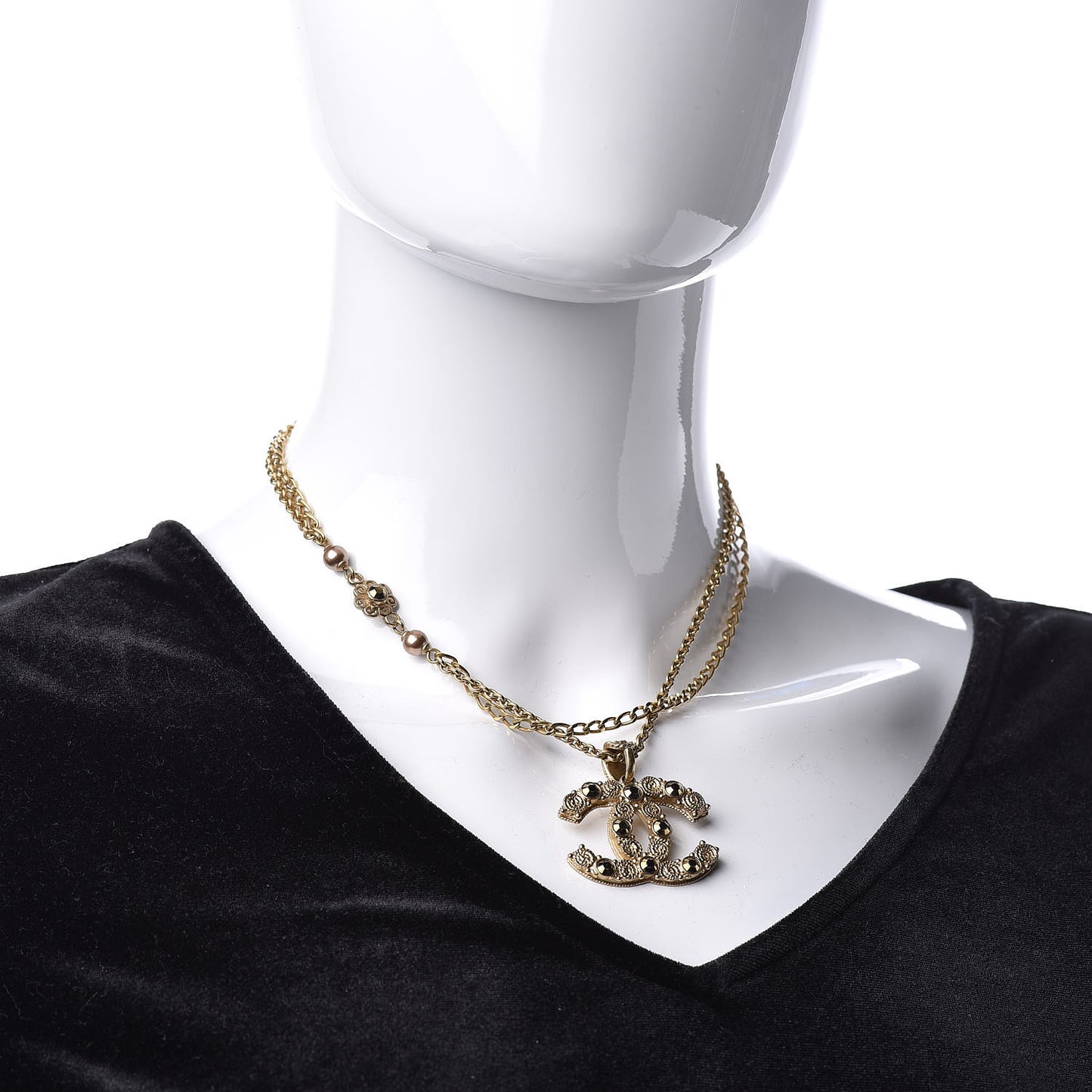 Crystal Pearl CC Chain Short Necklace Gold