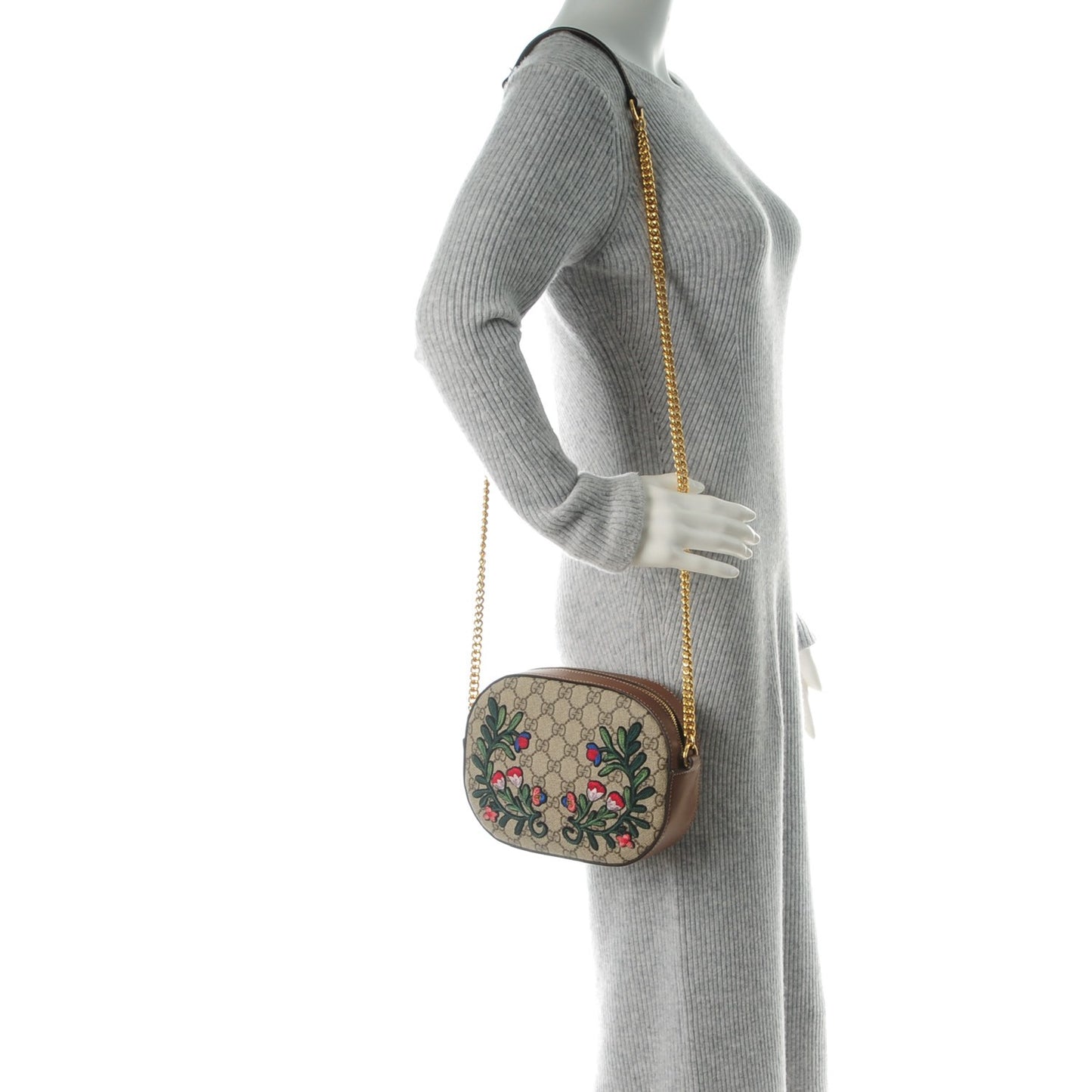 GG Supreme Monogram Floral Embroidered Mini Chain Shoulder Bag Beige Tuscany