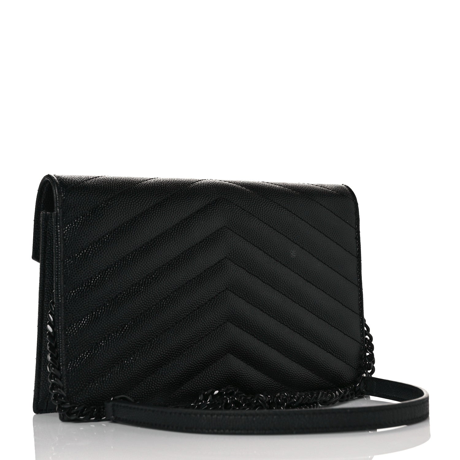 Saint Laurent Grain De Poudre Matelasse Chevron Monogram Monochrome Envelope Chain Wallet Black 3 of 9