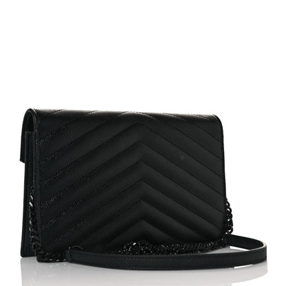 Saint Laurent Grain De Poudre Matelasse Chevron Monogram Monochrome Envelope Chain Wallet Black 3 of 9