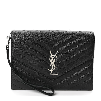 Saint Laurent Grain De Poudre Matelasse Chevron Monogram Envelope Clutch Black 1 of 10