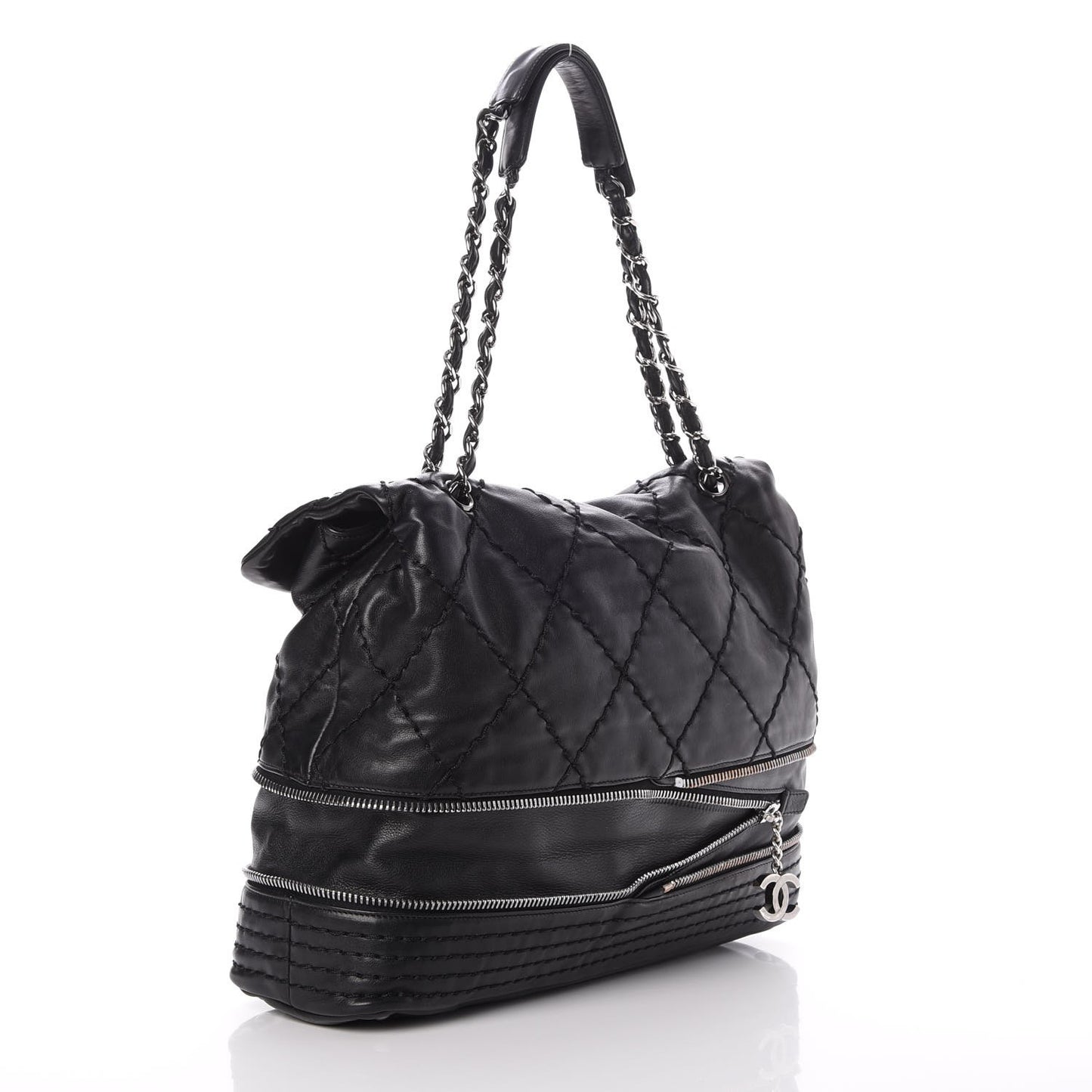 Calfskin Stitched Large Expandable Flap Bag Black