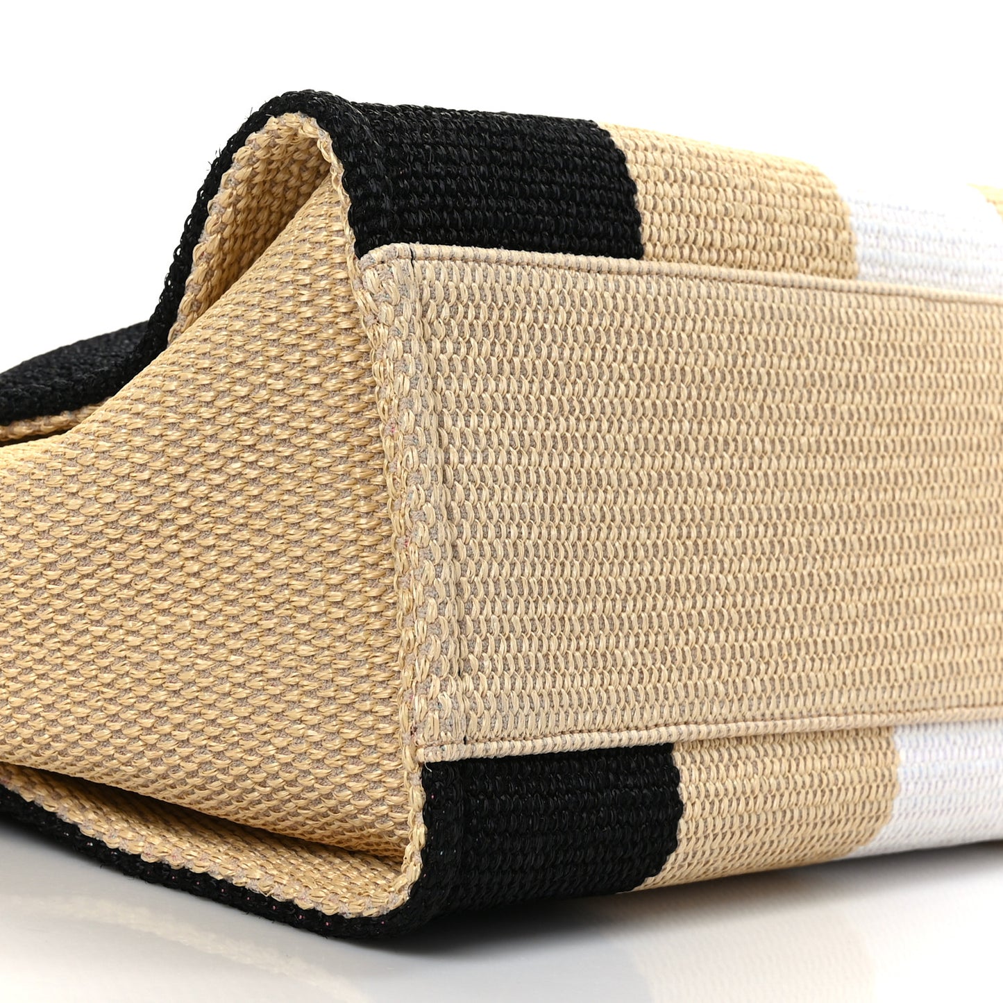 Straw Raffia Calfskin Striped Medium Deauville Tote Black Beige Ivory