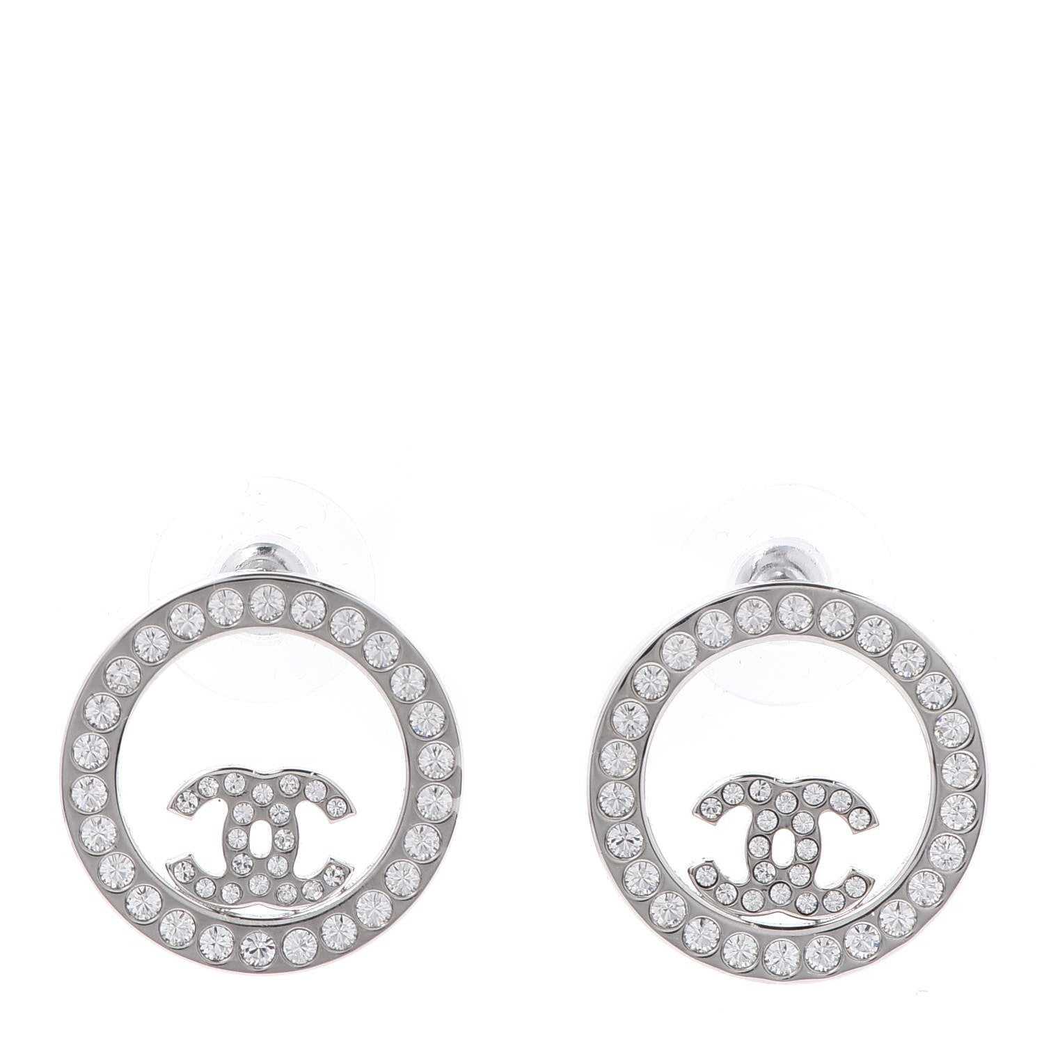 Chanel Crystal CC Round Earrings Silver 1 of 5