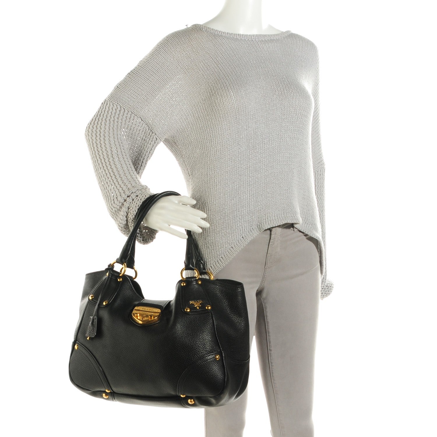 Prada Vitello Daino Pushlock Tote Black 2 of 9