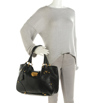 Prada Vitello Daino Pushlock Tote Black 2 of 9