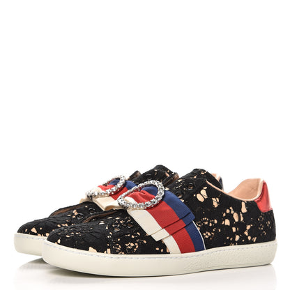 Gucci Lace Crystal Sylvie Web Flower Leaf Womens Ace Sneakers 37 Black Tan Beige 2 of 9