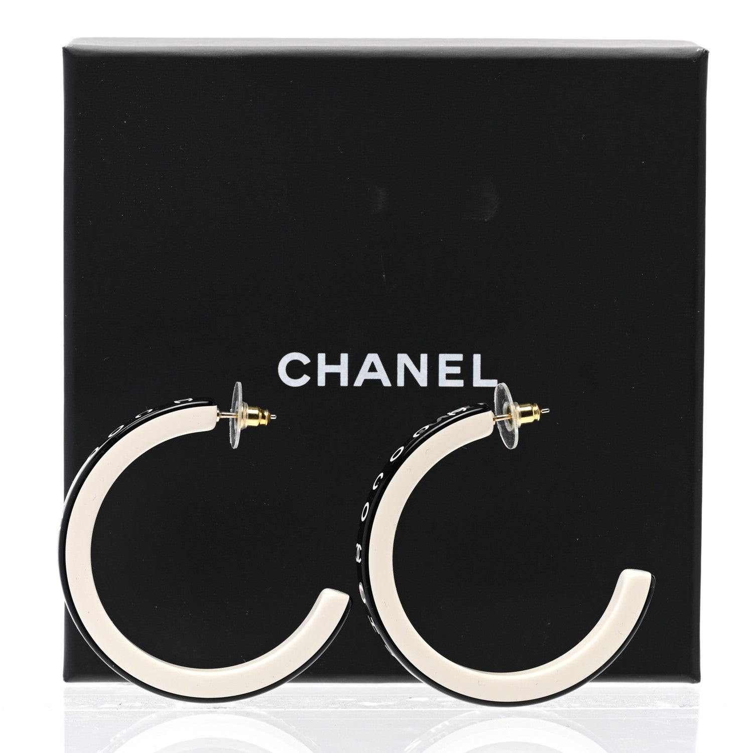Chanel Resin Logo Hoop Earrings Black White 6 of 6