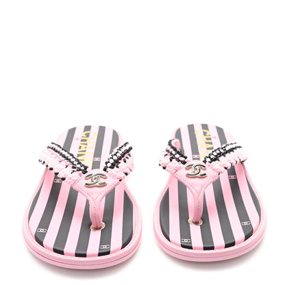Chanel Braided Enamel CC Thong Coco Beach Sandals 38 Pink Black 3 of 8