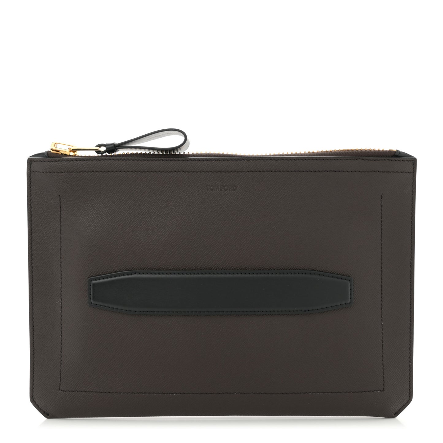 Grained Calfskin Portfolio Clutch With Handle Dark Brown Black