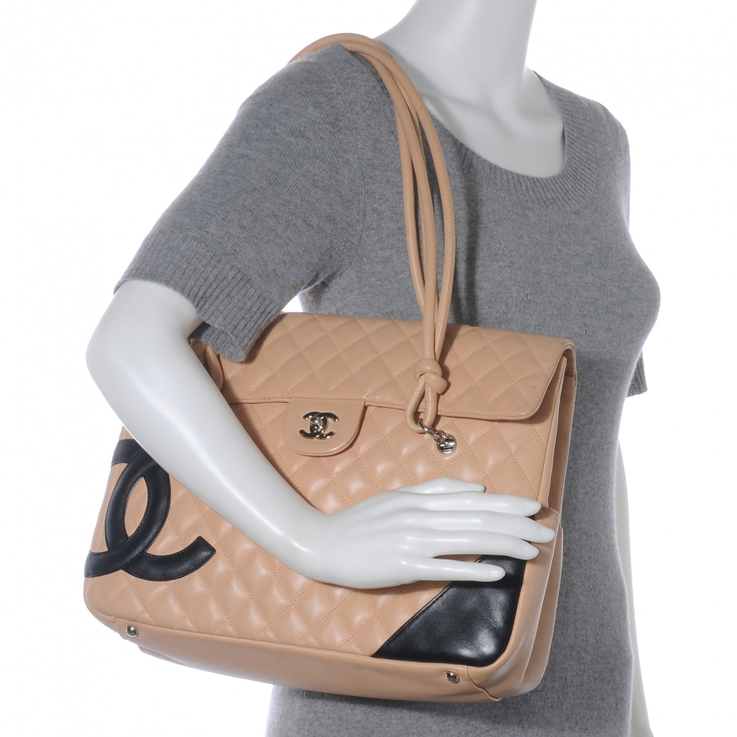 Calfskin Quilted Large Cambon Flap Beige Black