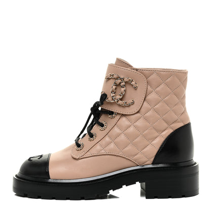 Chanel Lambskin Calfskin Quilted Lace Up Combat Boots 36 Beige Black 1 of 13