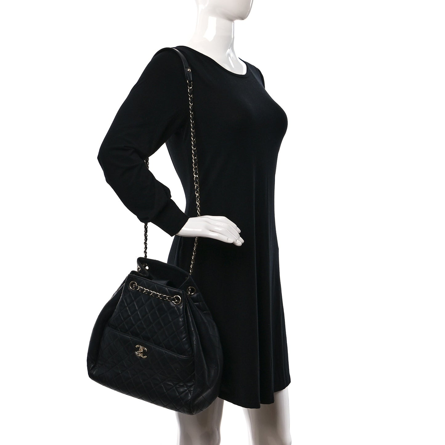 Lambskin Quilted Large Drawstring Bag Black