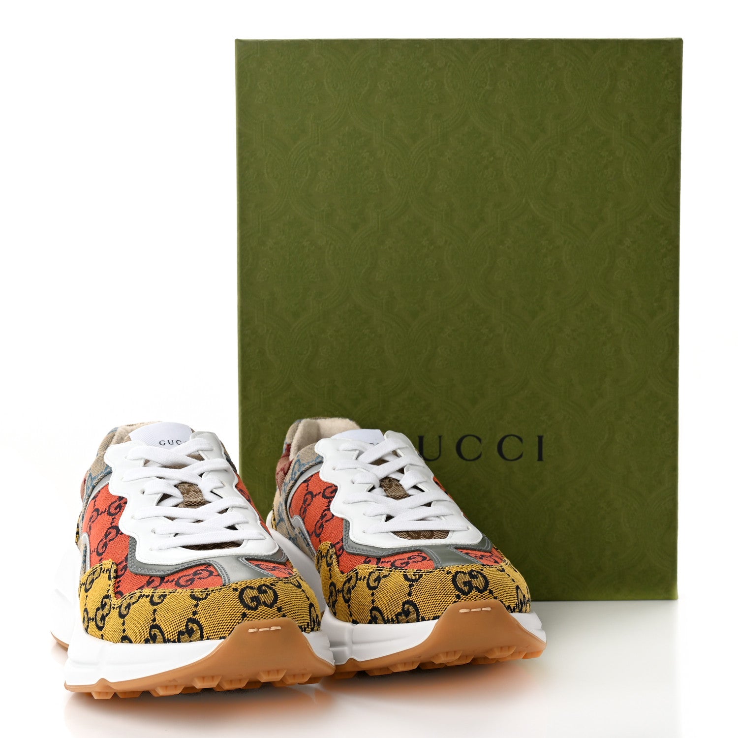 Gucci Monogram Multicolor Demetra Mens Rhyton Sneakers 8.5 Yellow Blue Great White Tabasco 9 of 9