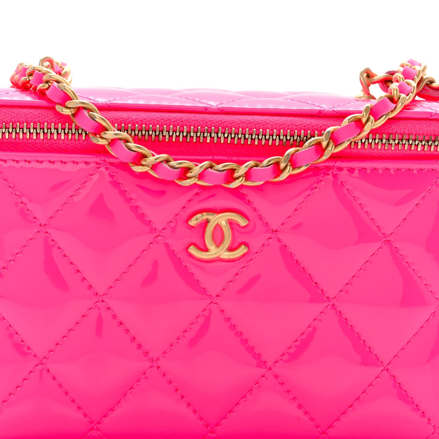 Chanel Patent Quilted Pearl Crush Small Vanity Case With Chain Neon Pink 8 of 12