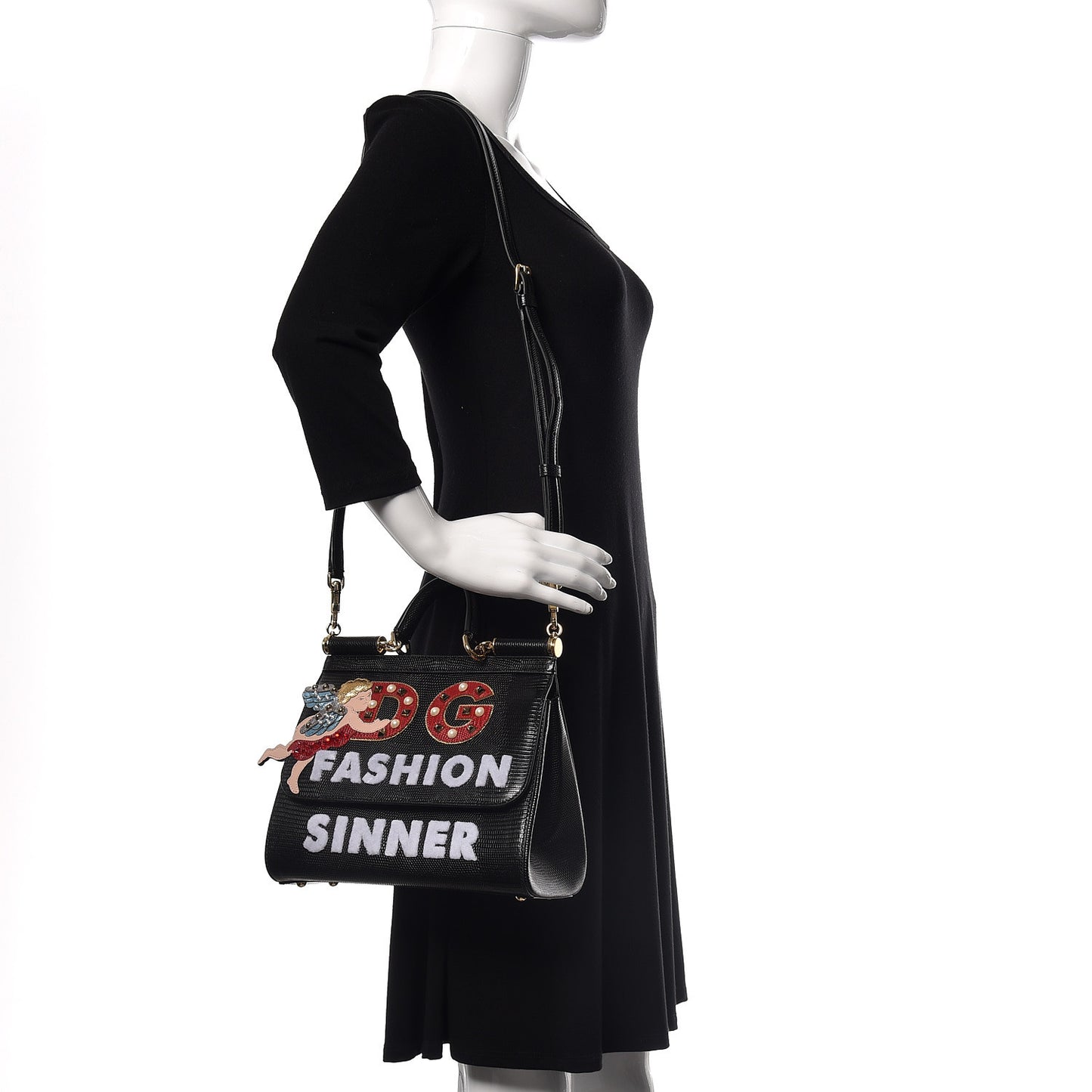 Calfskin Iguana Embossed Studded Medium Fashion Sinner Patch Miss Sicily Satchel Black