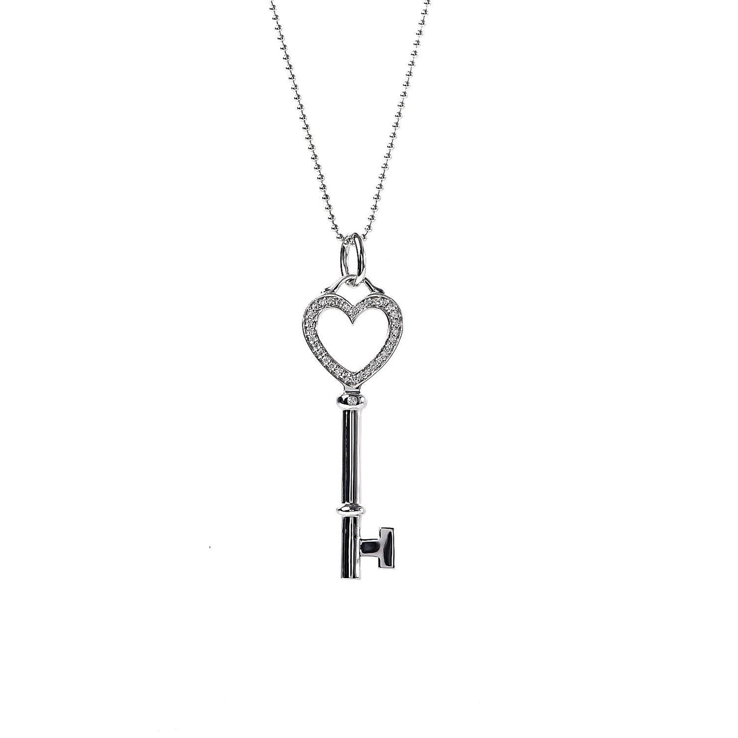 18K White Gold Diamond Medium Heart Key Pendant Necklace
