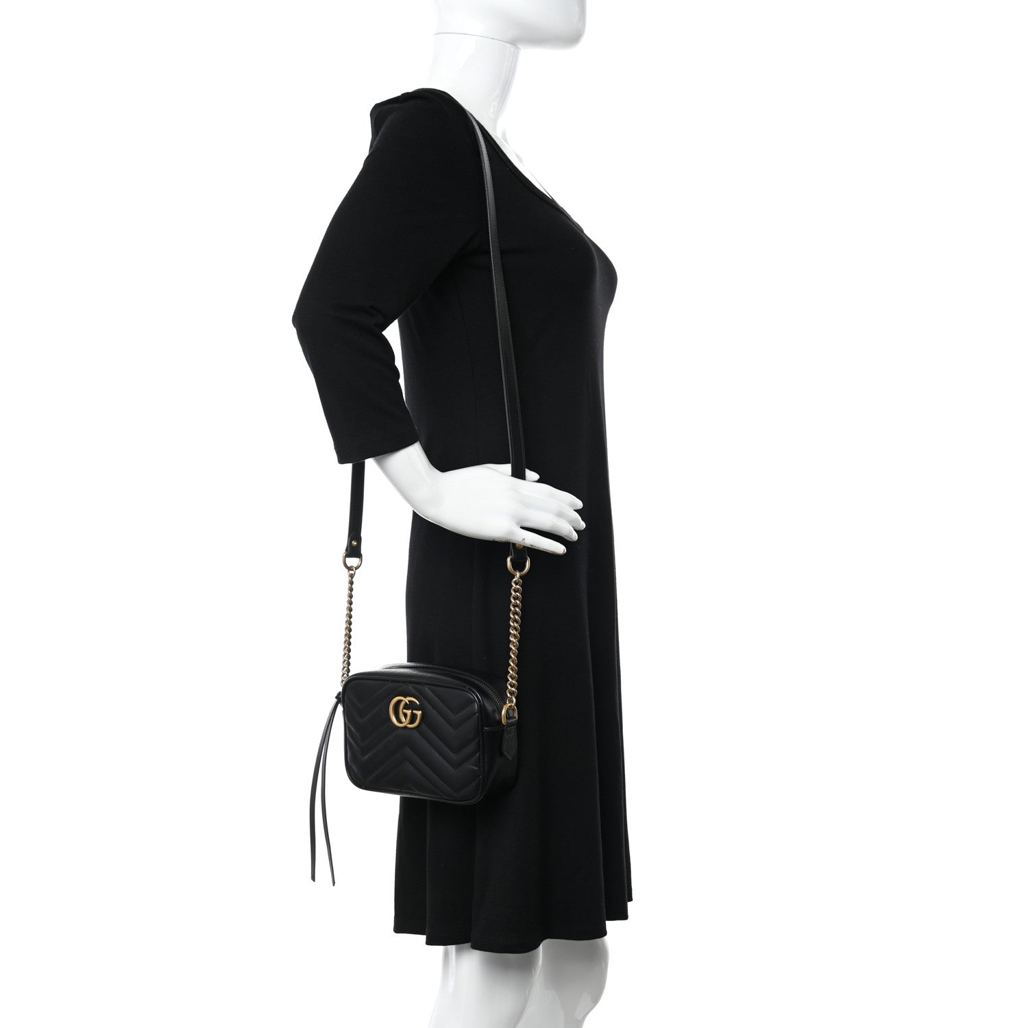 Gucci Calfskin Matelasse Mini GG Marmont Chain Shoulder Bag Black 2 of 10