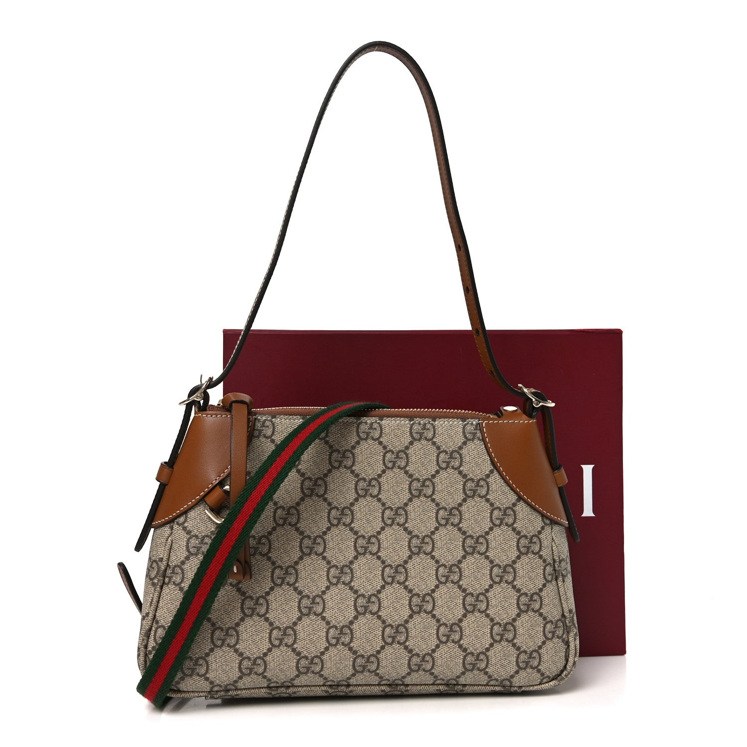 Gucci GG Supreme Monogram Textured Calfskin Small Emblem Shoulder Bag Beige Dark Brown 11 of 11