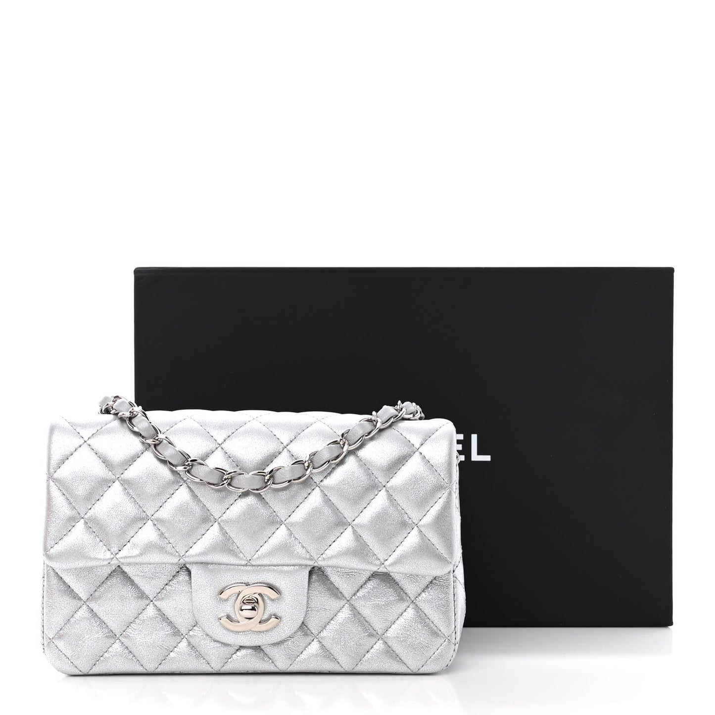 Metallic Lambskin Quilted Mini Rectangular Flap Silver