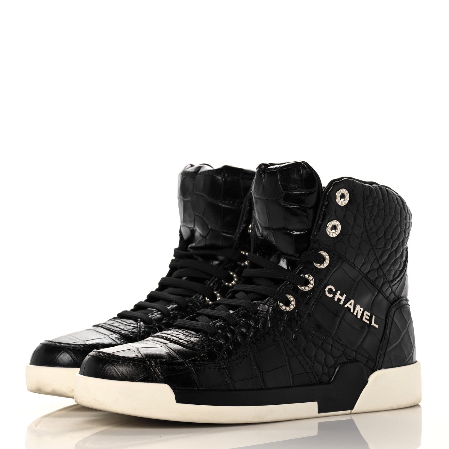 Chanel Calfskin Crocodile Embossed Cocodile High Top Sneakers 40 Black 3 of 8