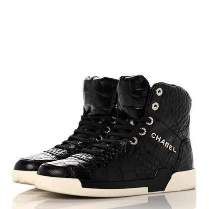 Chanel Calfskin Crocodile Embossed Cocodile High Top Sneakers 40 Black 3 of 8