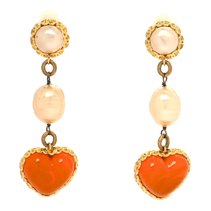 Chanel Pearl Enamel Heart Clip On Earrings Gold 1 of 5