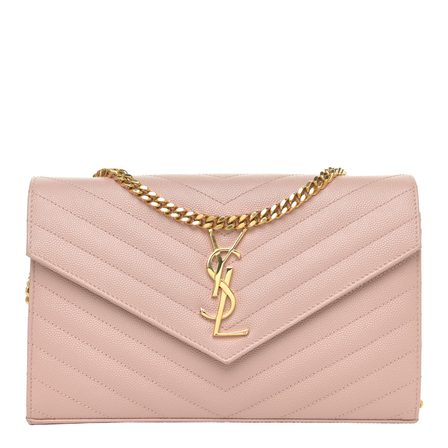 Saint Laurent Grain De Poudre Matelasse Chevron Monogram Chain Wallet Pale Blush 1 of 15
