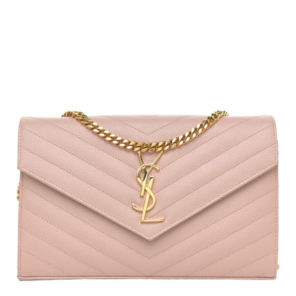 Saint Laurent Grain De Poudre Matelasse Chevron Monogram Chain Wallet Pale Blush 1 of 15